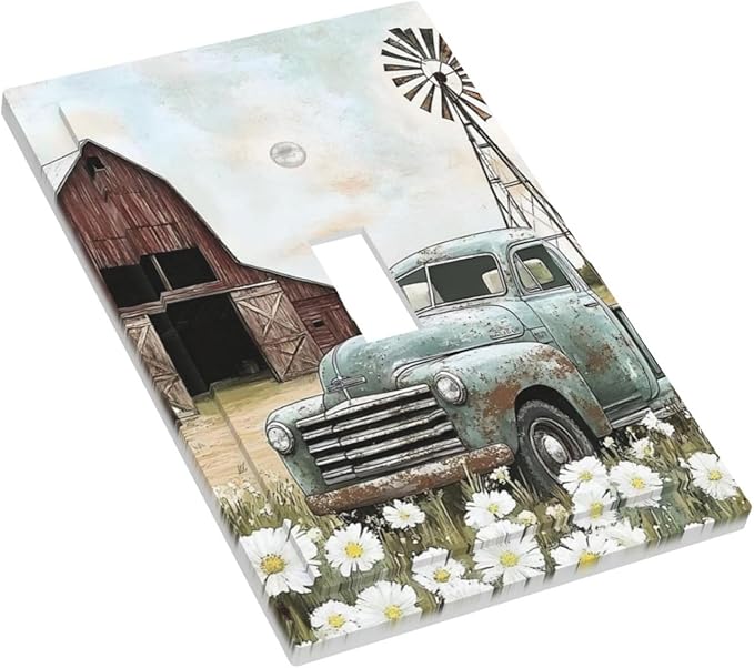 Retro Trucks Old Barn Windmill Teal Car Rustic Decorative Light Switch Cover 1 Gang Single Toggle Device Electrical Faceplate Switchplates Decorator Outlet Wall Plate for Farmhouse Home Decor