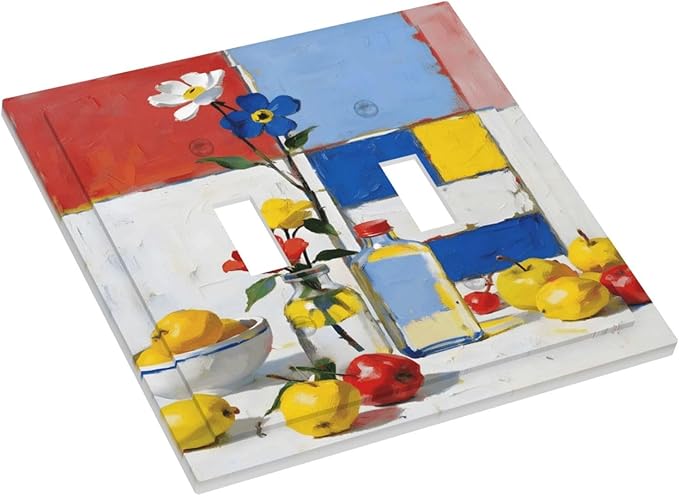 Color Block Floral Still Life Art Red Yellow Blue Abstract Decorative Switch Plates 2 Gang Double Toggle Outlet Light Switch Cover Wall Plate Electrical Faceplate for Farmhouse Bedroom Decor