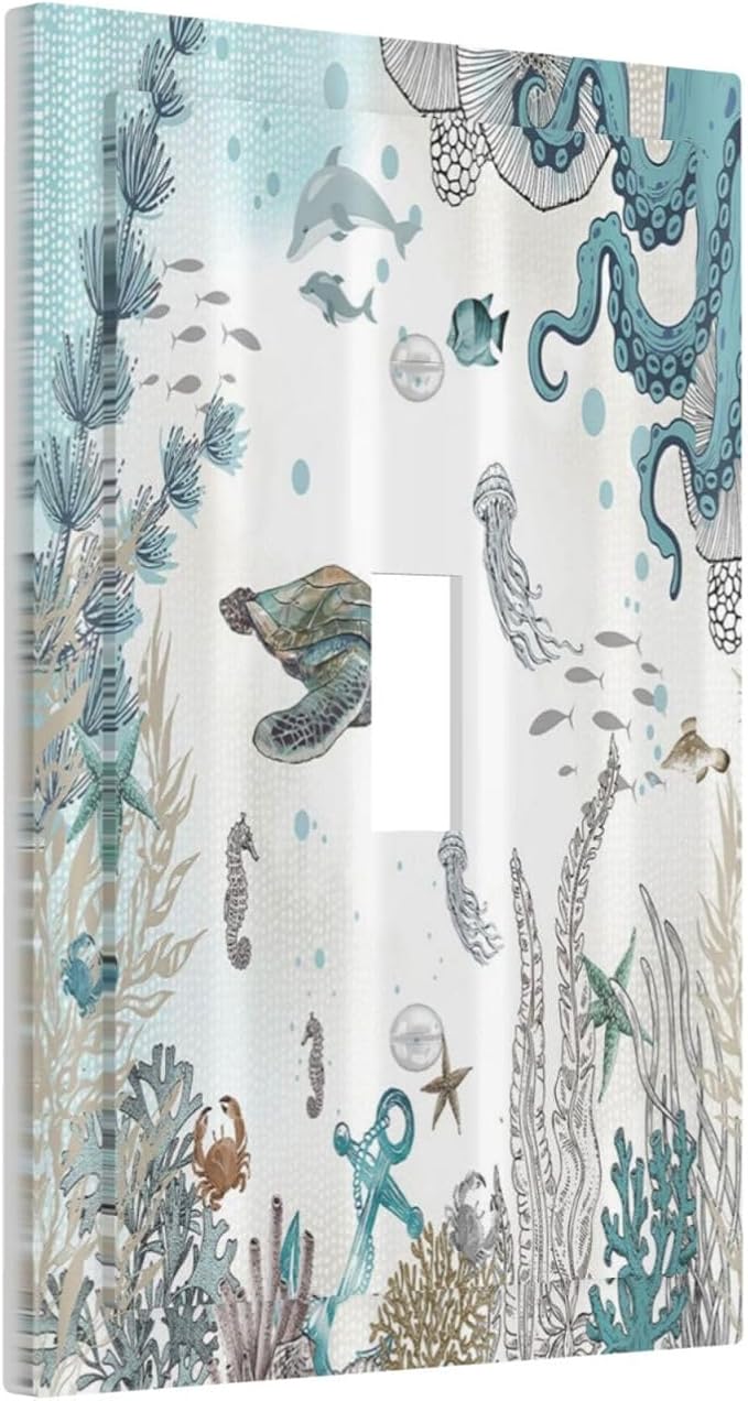Sea Turtle Octopus Ocean Underwater Animal 1 Gang Light Switch Covers Decorative Unique Single Toggle Wall Plate Switchcover Electrical Switchplate for Kitchen Bathroom Bedroom Decor