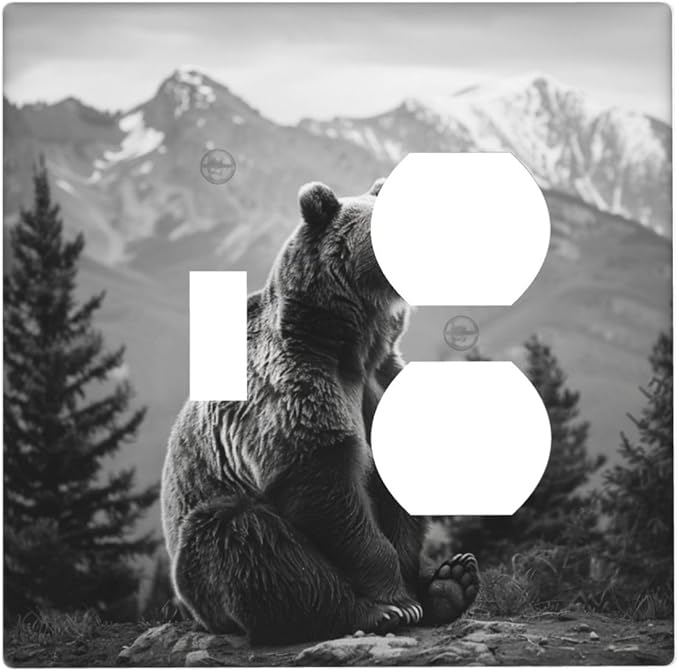 Light Switch Cover Plate Black White Bear Mountain Pine Trees Wilderness 2 Gang Decorative Switch Plates 1 Toggle Duplex Combo Outlet Covers GFCI Wall Plates for Bathroom Bedroom Decor