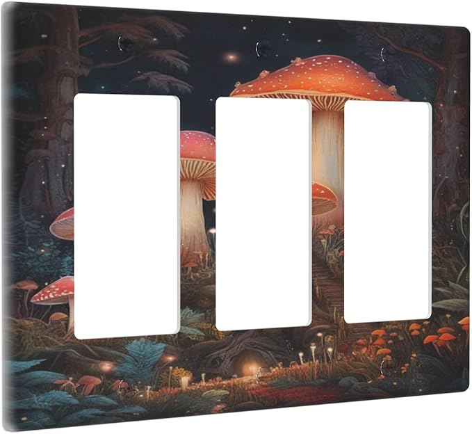 Decorative Art Light Switch Covers Enchanted Mushroom Forest 3 Gang Triple Rocker Outlet Switch plate GFCI Faceplate GFCI for Home Decor