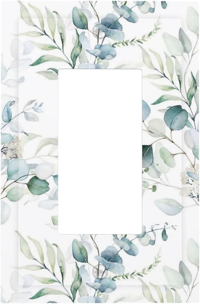 Green Eucalyptus Leaves Sage Device Single GFCI Decorator/Rocker Light Switch Wall Plate Cover 1 Gang Palm Tree Spring Botanical Plant Electrical Jumbo Face Switchplate Receptacle Outlet Cover Dimmer