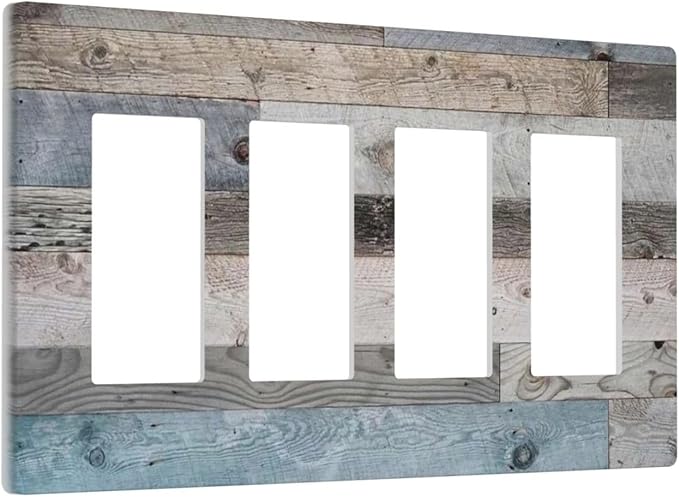 Western Barn Cabin Blue Wooden 4 Gang Quad Device Screwless Decorator GFCI/Rocker Wall Plate Farmhouse Rustic Kitchen Teal Wood Plank Board Light Switch Dimmer Receptacle Outlet Cover Standard Size