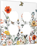Colorful Country Vintage Floral Butterfly Flowers 2-Gang Device Duplex Wall Plate, Rural Watercolor Wildflower Decorative Two Gang Double Duplex Receptacle Socket Outlet and Light Switch Cover Plate