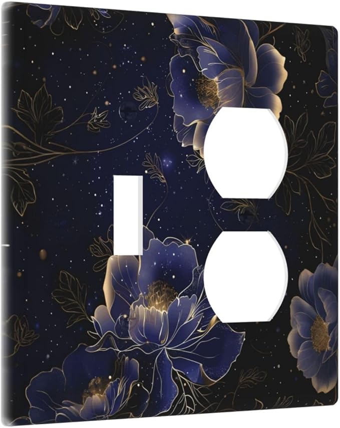 Navy Blue Floral Vintage Flower Dark Watercolor Wallplates 1 Toggle 1 Duplex Switch Plate Electrical GFCI Faceplate Decorative Light Switch Covers for Bedroom Living Room Decor