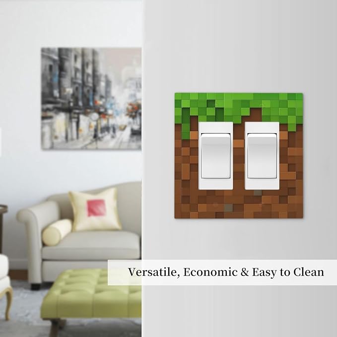 Pixel Style Gamer Themed Grass Block Decorative Outlet Covers 2 Gang Double GFCI Rocker Electrical Wall Panels Light Switch Cover Plate for Kids Room Office Home Decor