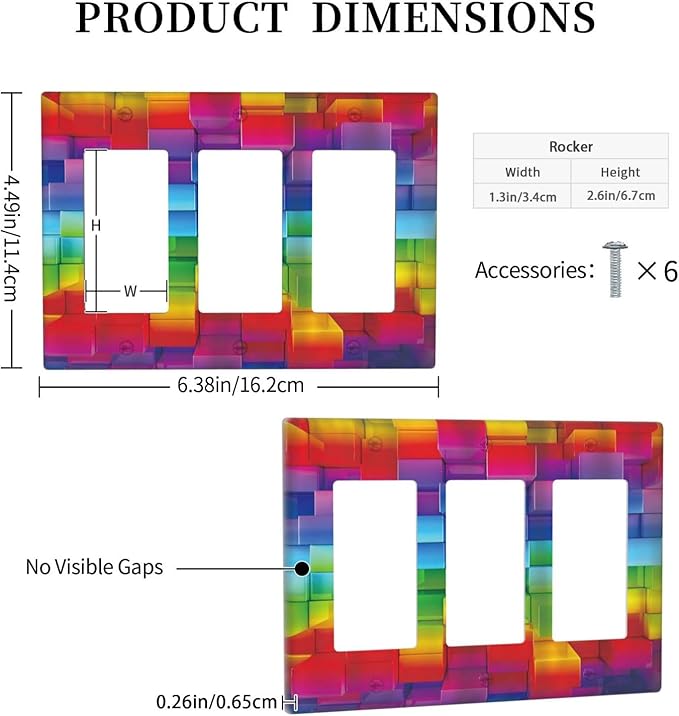 3D Colorful Rainbow Wall Abstract Squre Shaped 3 Gang Rocker Light Switch Covers Decorative Unique Triple Outlet Wall Plate Cover Faceplate Decorative Switchplate GFCI for Kitchen Bedroom Decor