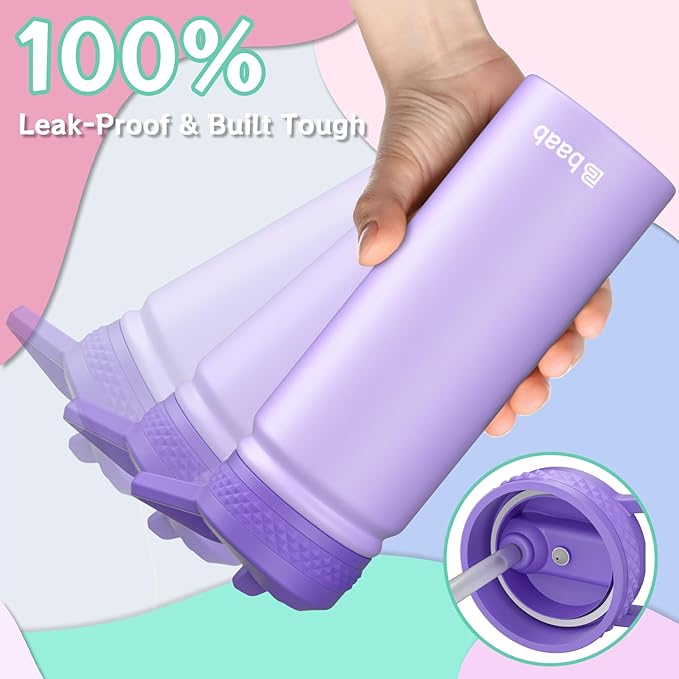 baab 18oz Kids Water Bottle, Insulated Water Bottle with Straw & Stickers, 18/8 Stainless Steel Vacuum Leakproof Kds Water Straw Cup for School, Perfect for Boy Girl (Purple, 1 Pack)