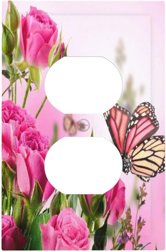 Pink Rose Romance Flowers Green Leaves Spring Scenic 1 Gang Outlet Covers Duplex Receptacle Wall Plate Decorate Electrical Faceplate Switchplates Flower Butterfly Ladies Valentine's Day Bathroom Decor