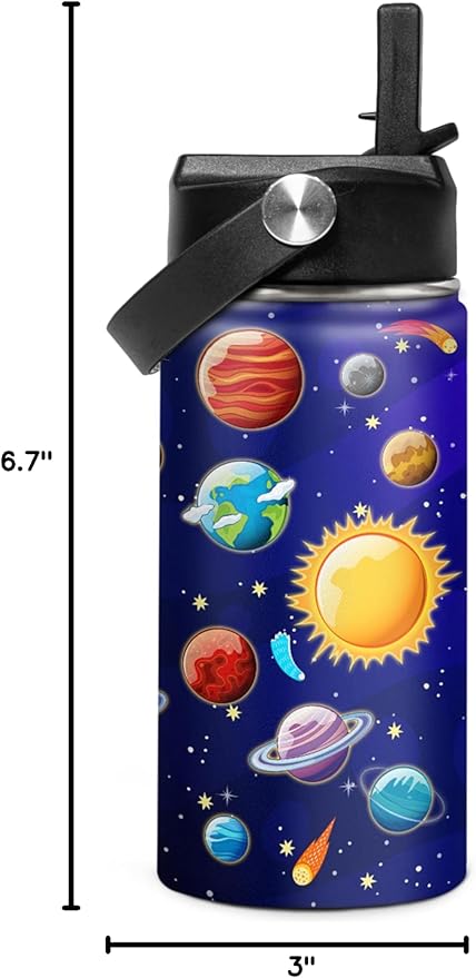 Kids Water Bottle Solar System Water Bottles 12oz with Straw Insulated Stainless Steel Travel School Tumbler Double Wall Vacuum Cup for Girls Kid Boys