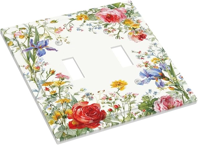 Decorative Light Switch Cover Plate Rustic Red Flower Garden Floral 2 Gang Outlet Covers Double Toggle Wall Plates for Electrical Switch Plate Covers Faceplate for Country Home Decor