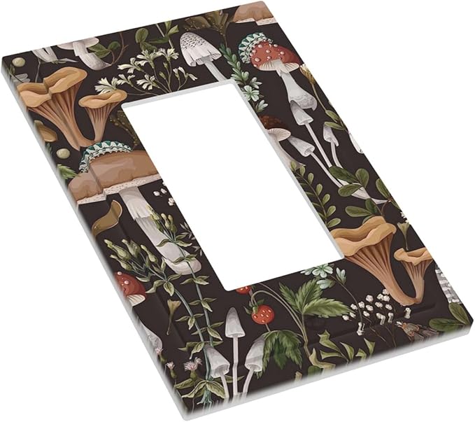 1 Gang Electrical Decora/GFCI Device Wallplate Funky Retro Vintage 70s 60s Boho Hippie Mushroom Botanical Floral Single Decorator Rocker Outlet Light Switch Cover Electrical Faceplate Dimmer