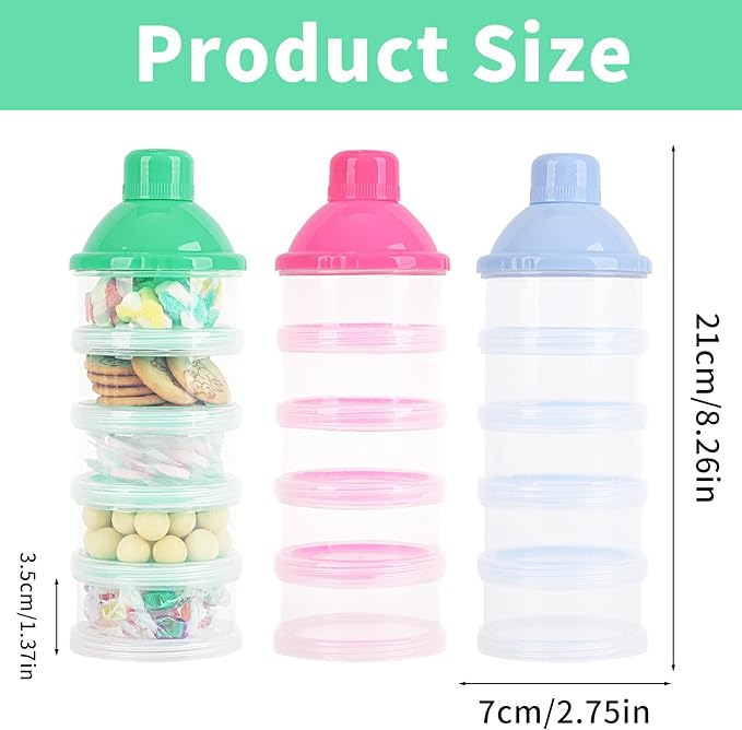 3-Pack 5-Layer Baby Formula Dispenser for Travel - Portable Milk Powder Container with Lids, Food Storage Box for Snacks, Candy, Powder (Blue, Green, Pink) - On-the-Go Formula Dispenser