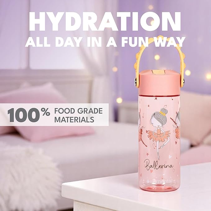 Elemental Water Bottles for Kids - Splash Kids Water Bottle for School with Pop-it Handle - BPA Free Tritan Plastic Water Bottle with Straw Leak Proof when Spout is Closed - Ballerina - 18oz