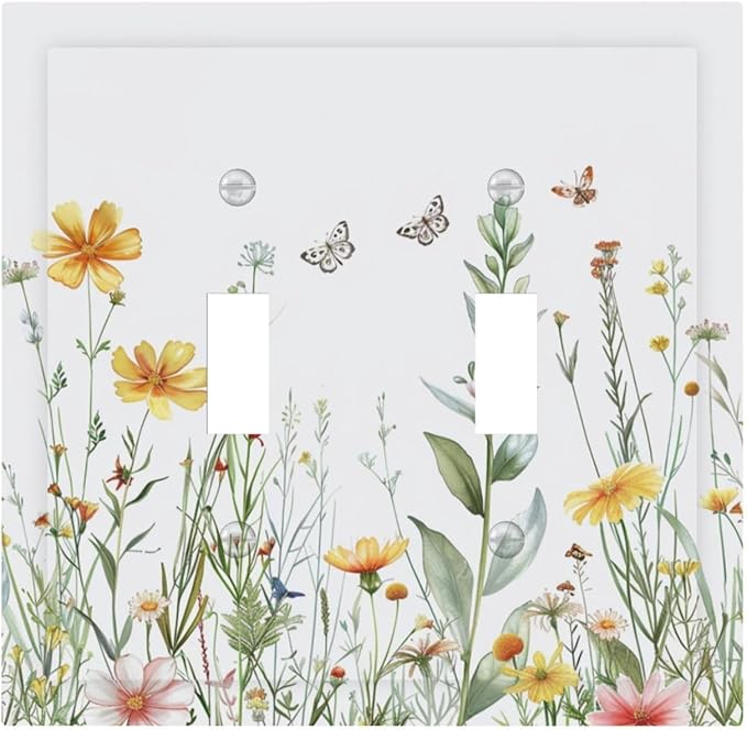 Light Switch Cover Plate Rustic Colorful Floral Butterfly Watercolor Flowers 2 Gang Double Toggle Decorative Switch Plates Plug Cover Wall Plates Electrical Faceplate for Bathroom Bedroom