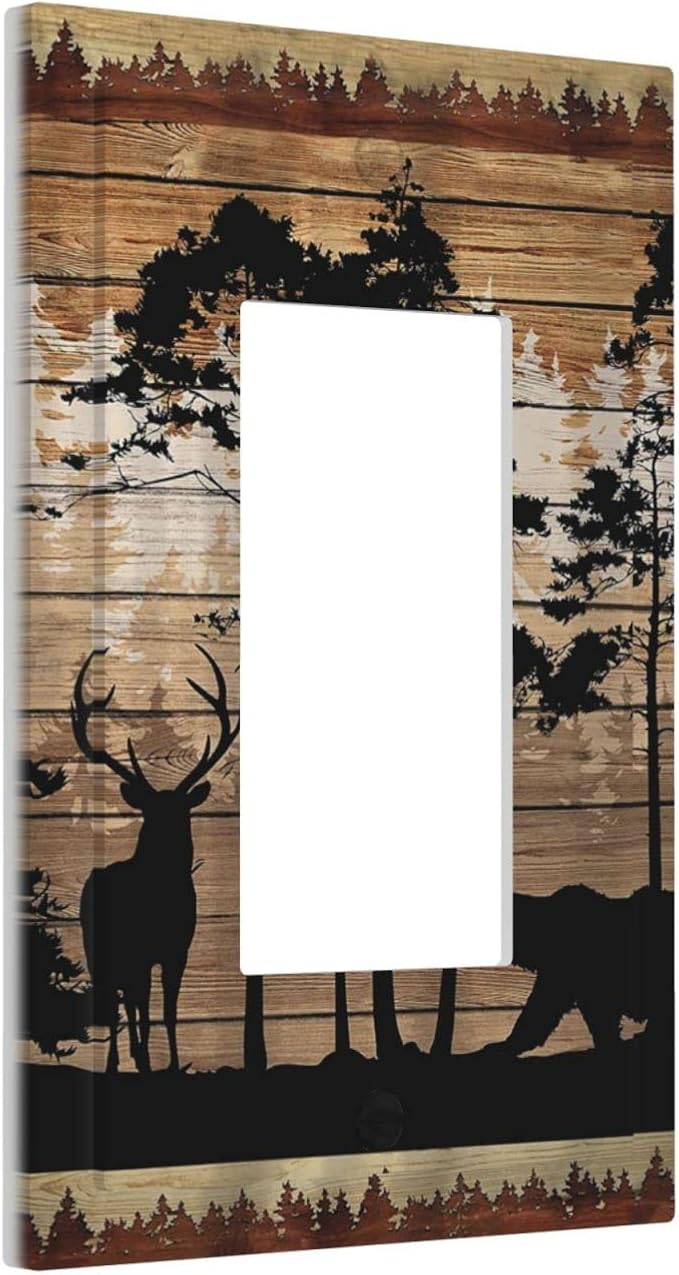 Rustic Mountain Forest Antler Elk Bear Deer Silhouettes Woodland Hunting Animals 1 Gang Electrical Single Decorator/GFCI Device Wall Plate Decorative Electric Rocker Light Switch Outlet Cover Dimmer