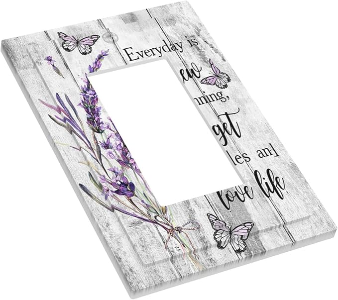 Outlet Covers Purple Lavender Flower Butterfly on Wood Plank 1 Gang Wall Plate Single Rocker Light Switch Cover Inspirational quotation Floral Decorative GFCI Receptacle Cover Electrical Switchplate