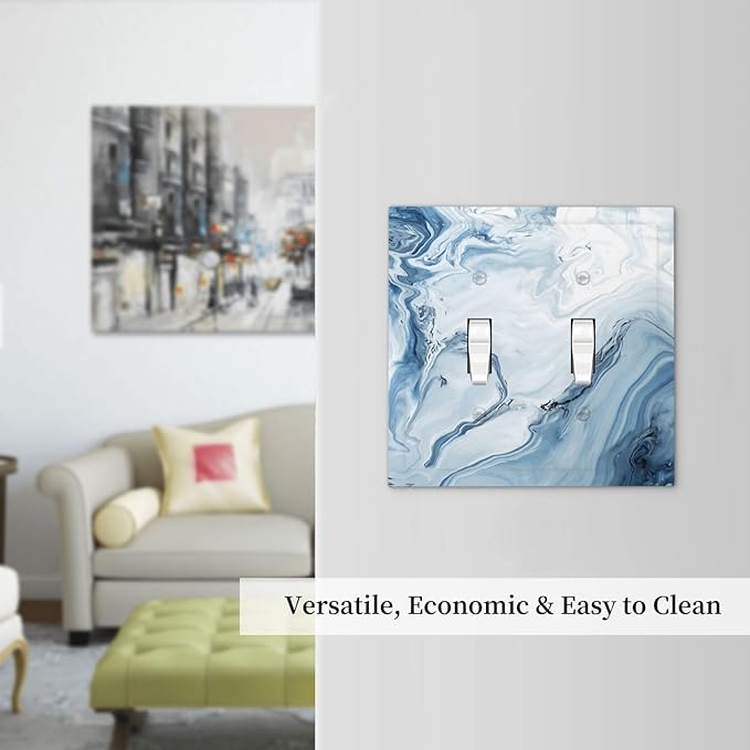 Blue Marble Abstract Ombre Chic Luxury Print Decorative Switch Plates 2 Gang Double Toggle Outlet Light Switch Cover Wall Plate Electrical Faceplate for Bathroom Living Room Decor