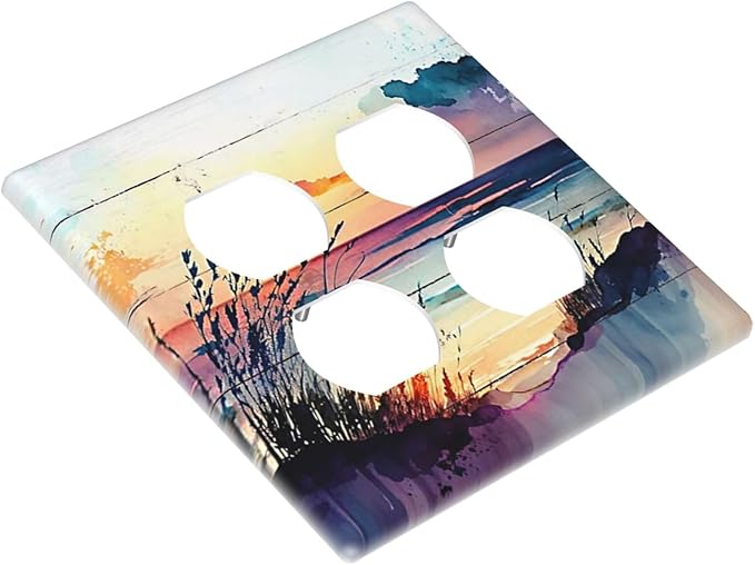 Decorative Outlet Covers Watercolor Sunset Beach Nature Coastal Seascape 2 Gang Wall Plate Double Duplex Light Switch Cover Switch Plate Covers Faceplate for Bedroom Home Decor
