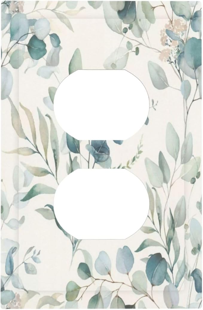 Boho Green White Eucalyptus Leaf Floral Outlet Covers 1 Gang Duplex Light Switch Cover Decorative Switch Plates Electrical Receptacle Faceplate Wall Plate for Farmhouse Living Room Decor
