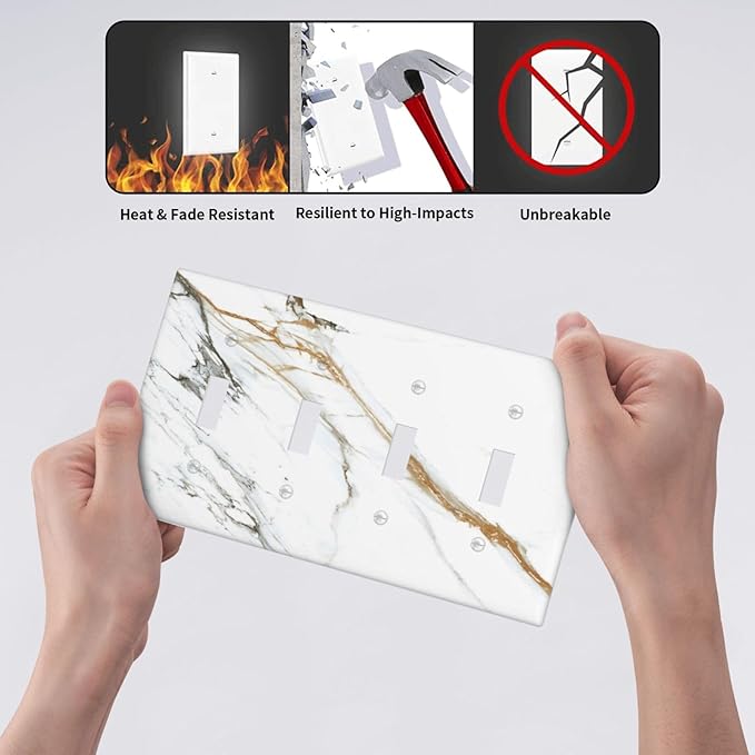 White Gold Marble Modern Abstract Luxury Print Light Switch Covers Quad Toggle Electrical Faceplate 4 Gang Wall Plate Decorative Switch Plates Cover for Bathroom Kitchen Decor