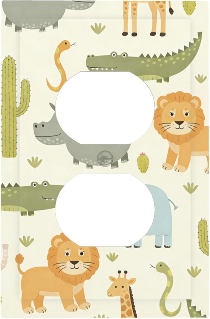 Playful African Safari Animals Duplex Wall Plate - 1-Gang Standard US Size Cute Hippo Crocodile Lion Elephant And Giraffe Funny Wildlife Outlet Covers for Boys & Girls Room Decor