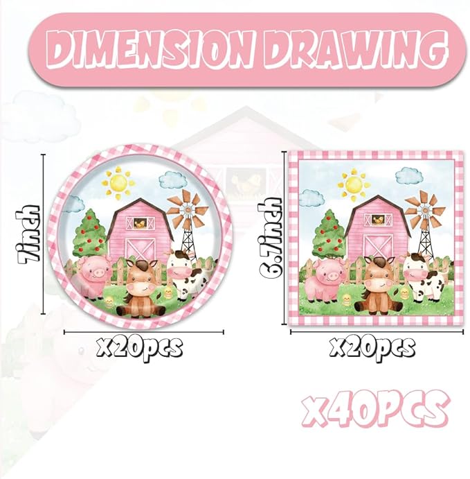 40Pcs Farm Animal Birthday Decorations Tableware Set Cute Pink Animal Disposable Plates Napkins Serves 20 Barn Animal Theme Girls Birthday Baby Shower Party Decorations