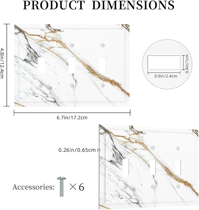 White Gold Marble Modern Abstract Luxury Print Decorative Switch Plates 3 Gang Wall Plate Triple Toggle Light Switch Cover Faceplate Electrical Wall Panels for Bathroom Kitchen Decor