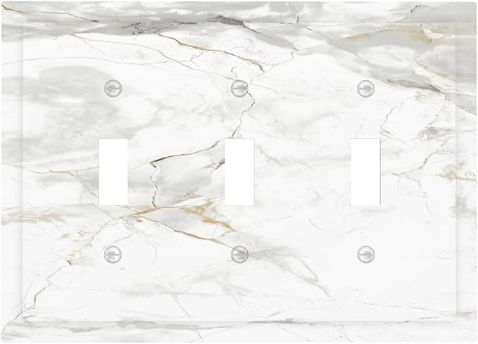 White Marbling Golden Stream Lines Print Decorative Switch Plates 3 Gang Wall Plate Triple Toggle Light Switch Cover Faceplate Electrical Wall Panels for Bathroom Kitchen Decor