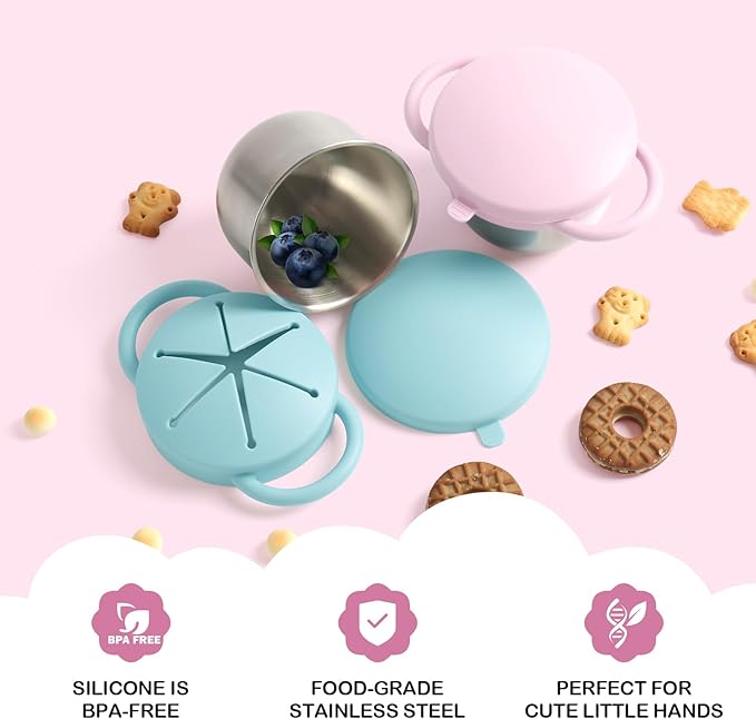 Daximo 2 Pack Snack Cups for Toddlers Spill Proof - Detachable Stainless Steel Toddler Snack Cups with Silicone Lids & Handles - Dishwasher Safe Baby Snack Containers (Light blue and Light pink)