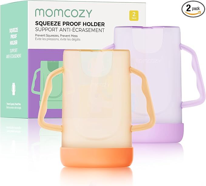 Momcozy Baby Pouch Holder No Squeeze, Baby Food & Juice Box Holder, Mess-Free, Easy Grip for Self-Feeding, BPA-Free & DEHP-Free, Must-Have for Babies, Violet&Orange 2Pcs