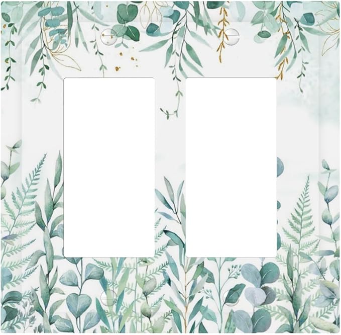 Boho Green Eucalyptus Leaf Floral Sage Flower Decorative Outlet Covers 2 Gang Double GFCI Rocker Electrical Wall Panels Light Switch Cover Plate for Bedroom Living Room Decor