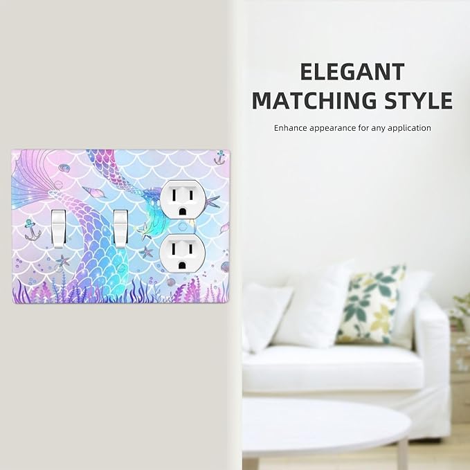 Cartoon Pink Girl Mermaid Scales Tail 3 Gang 2 Toggle 1 Duplex Combination Light Switch Plate Decorative Triple Toggle Wall Plate Cover Electrical Faceplate Switch Face Plate