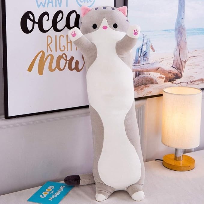 shangman Lovely Plush Cat Doll Cute Cartoon Soft Stuffed Kitten Pillow Long Throw Sleeping Pillow Doll Toy Gift for Kids Girlfriend Multiple Size (Grey,150cm/59in)