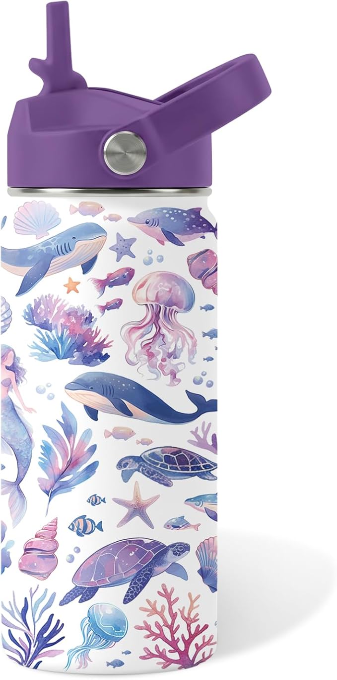 Ocean Gifts for Kids - 16 Oz Purple Water Bottle with Straw Lid, Stainless Steel Insulated Tumbler, Leak Proof, BPA-Free, for Girls & Boys, School, Beach - Marine Life Lovers Birthday Gifts (1pc)