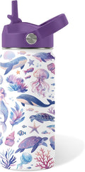 Ocean Gifts for Kids - 16 Oz Purple Water Bottle with Straw Lid, Stainless Steel Insulated Tumbler, Leak Proof, BPA-Free, for Girls & Boys, School, Beach - Marine Life Lovers Birthday Gifts (1pc)