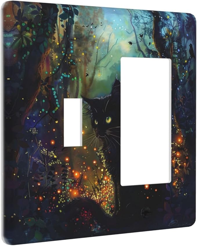 Light Switch Cover Plate Magic Fantasy Forest Mysterious Black Cat 2 Gang Combo Wall Plates Toggle Rocker Decorative Switch Plates and Outlet Covers for Kid Room Bathroom Decor
