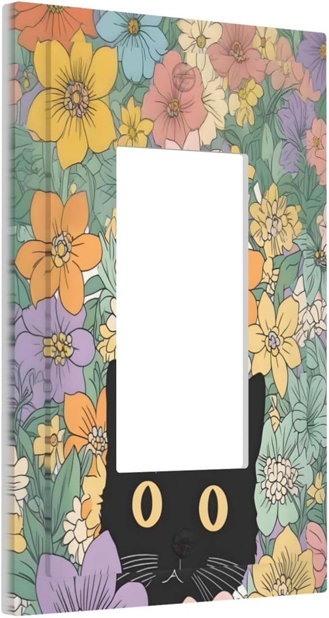 Decorative Outlet Covers Funny Cute Cartoon Cat Floral Colorful Flower 1 Gang Single Rocker Light Switch Cover Plate Wall Plates Gfci Faceplate For Kids Room Nursery Decor
