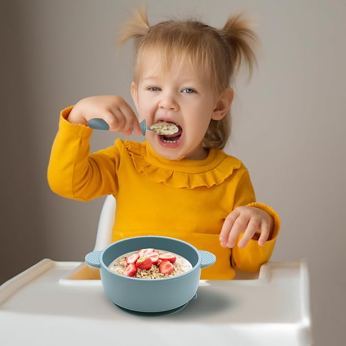 Eascrozn Baby Bowls with Suction and Baby Spoons Set of 3, Silicone Stay Put Bowls and Feeding Spoons for Babies Toddlers Kids, BPA Free,Microwave and Dishwasher Safe