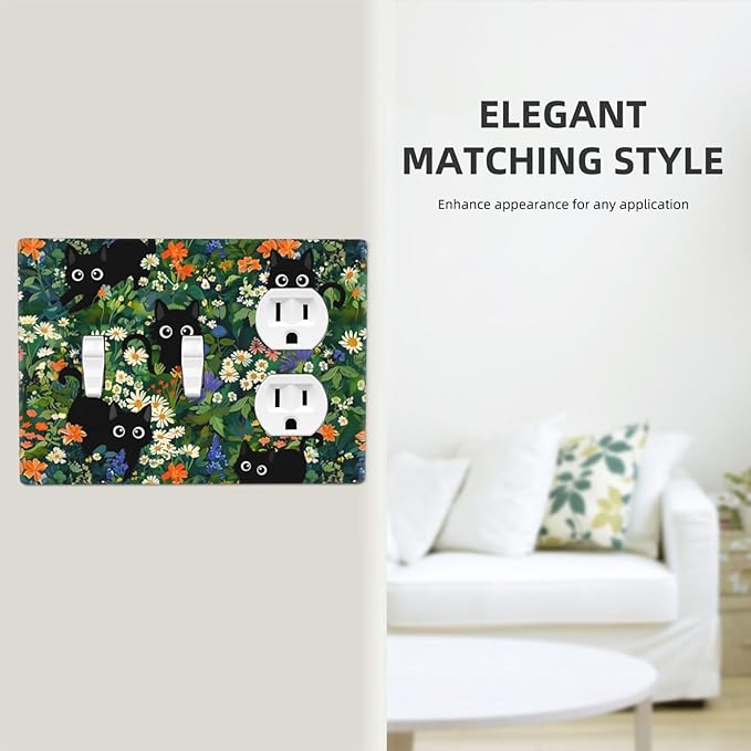 Black Boho Green Leaves Floral 3-Gang 2-Toggle 1-Duplex Receptacle Combination Light Switch Decorative Triple Combo Device Switches/Rocker Outlet Covers and Wall Plate