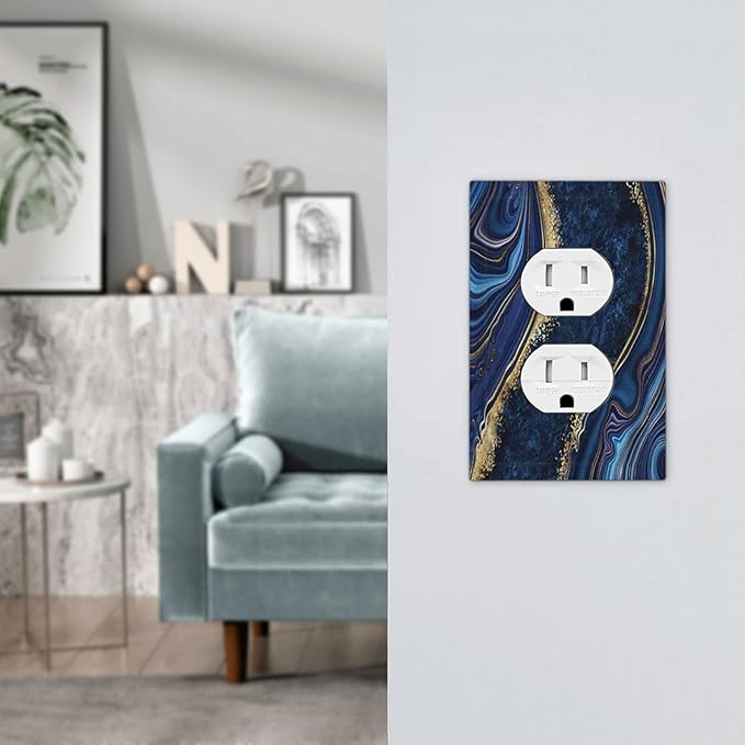 Modern Luxury Navy Blue Marble 1 Gang Outlet Covers Duplex Receptacle Wall Plate Decorative Faceplate Switchplates Abstract Blue Black Gold Marble Gold Foil Boys Men Home Bathroom Decorate Large Size