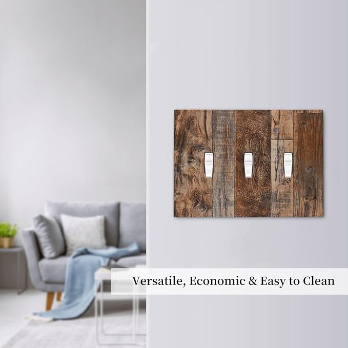 Vintage Board Rustic Brown Wood Texture Decorative Switch Plates 3 Gang Wall Plate Triple Toggle Light Switch Cover Faceplate Electrical Wall Panels for Farmhouse Home Decor