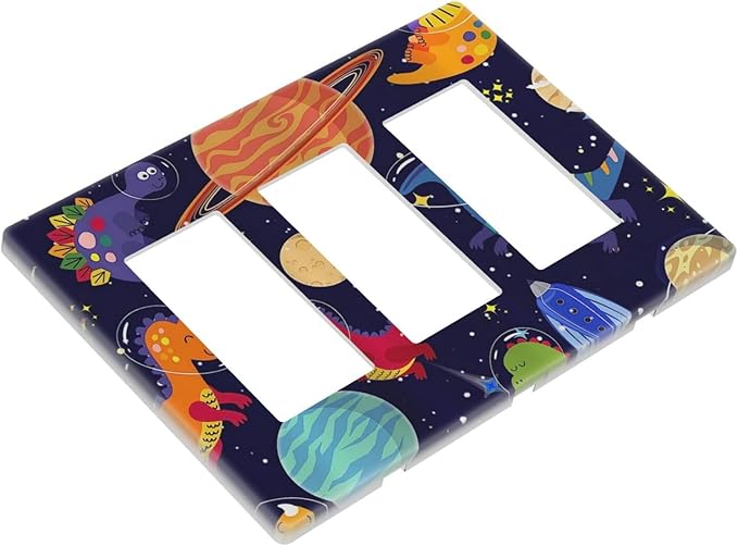 Navy Blue Cute Cartoon Dino Dinosaur Decorative 3 Gang Decorator Gfci Outlet Light Switch Cover Plate Kids Universe Galaxy Outer Space Nebula Electrical Triple Rocker Face Wall Plate Dimmer Screwless