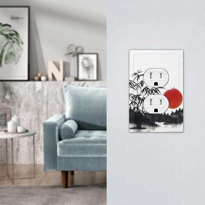 Decorative Outlet Covers Artistic Describe Black Bamboo Japanese Red Sun 1 Gang Wall Plate Receptacle Duplex Light Switch Cover Plate Single Dual Plug Covers Electrical Switchplate