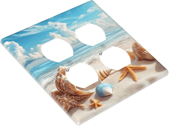 Beach Coastal Seashore Sea Starfish Shell Sand Outlet Covers 2 Gang Double Duplex Decorative Light Switch Covers Electrical Wallplates Socket Faceplate for Bathroom Home Decor