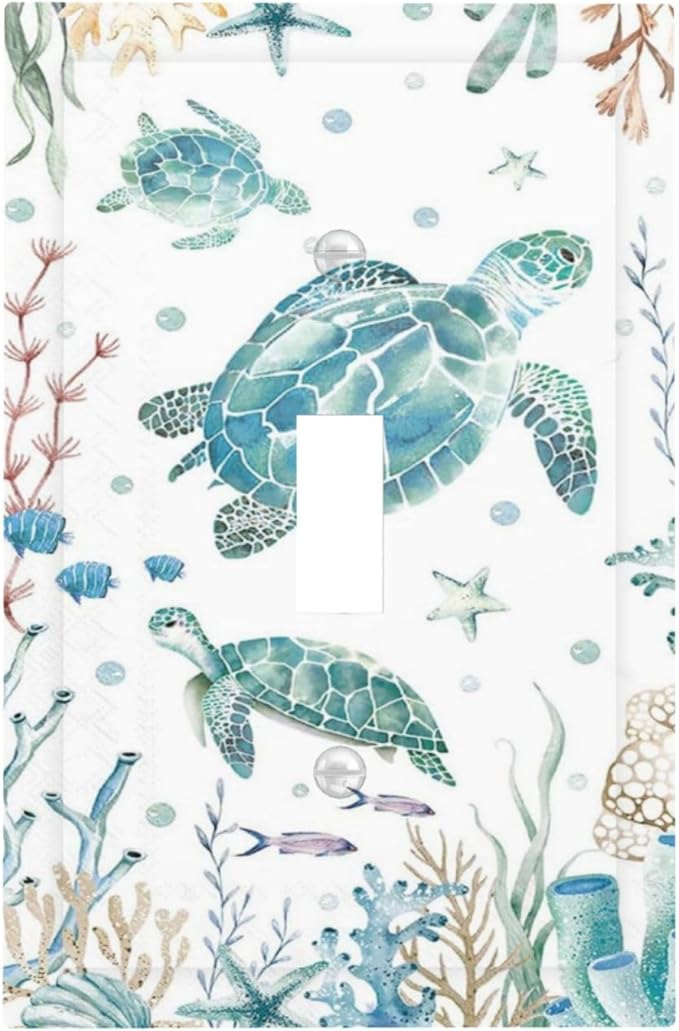 Sea Turtle Ocean Starfish Fish Coral Pearl Decorative Light Switch Cover 1 Gang Single Toggle Device Electrical Faceplate Switchplates Decorator Outlet Wall Plate for Bathroom Kids Room Decor