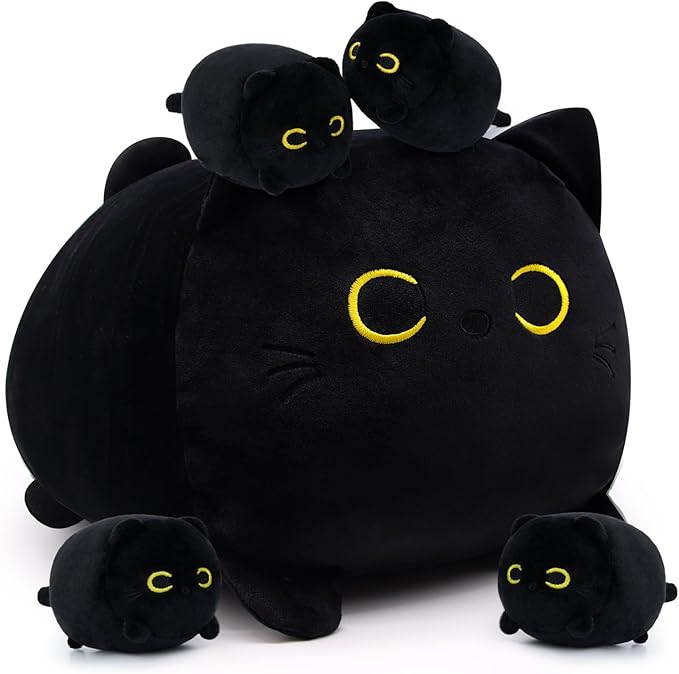 Cat Stuffed Animals with Babies, Black Cat Plush with Babies, Mommy Cat with 4 Baby Kittens Kawaii Black Cat Plushie Toy Birthday Gifts for Kids Boys Girls
