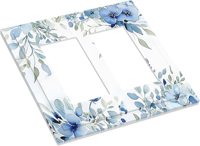 Watercolor Blue Flower Plant Floral Green Leaves Decorative Outlet Covers 2 Gang Double GFCI Rocker Electrical Wall Panels Light Switch Cover Plate for Bedroom Living Room Decor