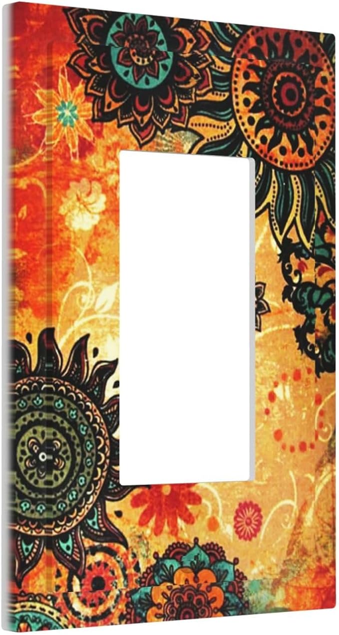 Red Orange Boho Bohemian Flower Floral 1 Gang Decorator Light Switch Cover Single GFCI/Rocker Outlet Switch Wall Plate for Dimmer,USB Outlet Mid Size