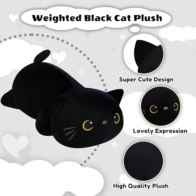 Finebee Weighted Black Cat Stuffed Animals, Cute Weighted Black Cat Plush, Soft Stuffed Weighted Plushie Pillow Gifts for Girls Boys(9.8" 0.8Lbs)
